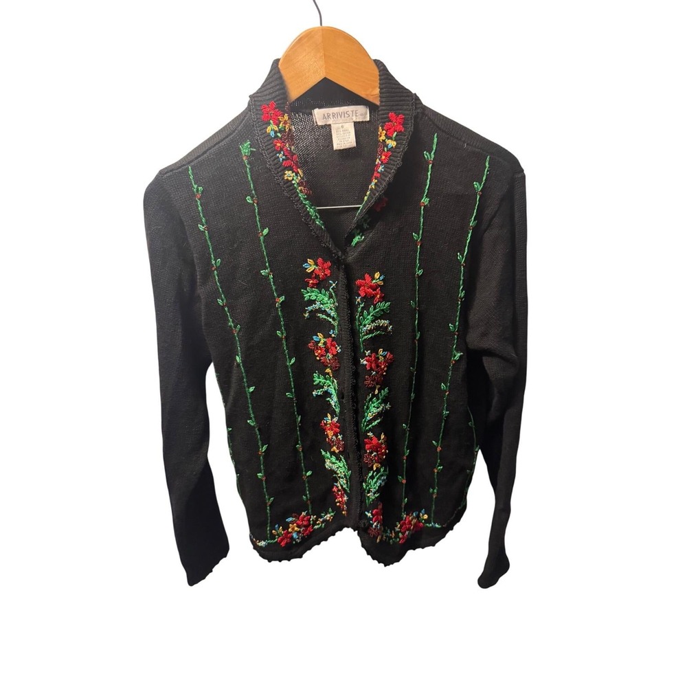 Vintage Arriviste Floral Embroidered Cardigan Sweater Black Boho Cottagecore S